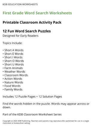 First Grade Word Search Worksheets – 12 Printable Classroom Puzzles