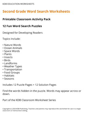 Second Grade Word Search Worksheets – 12 Printable Classroom Puzzles