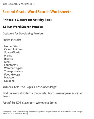 Second Grade Word Search Worksheets – 12 Printable Classroom Puzzles