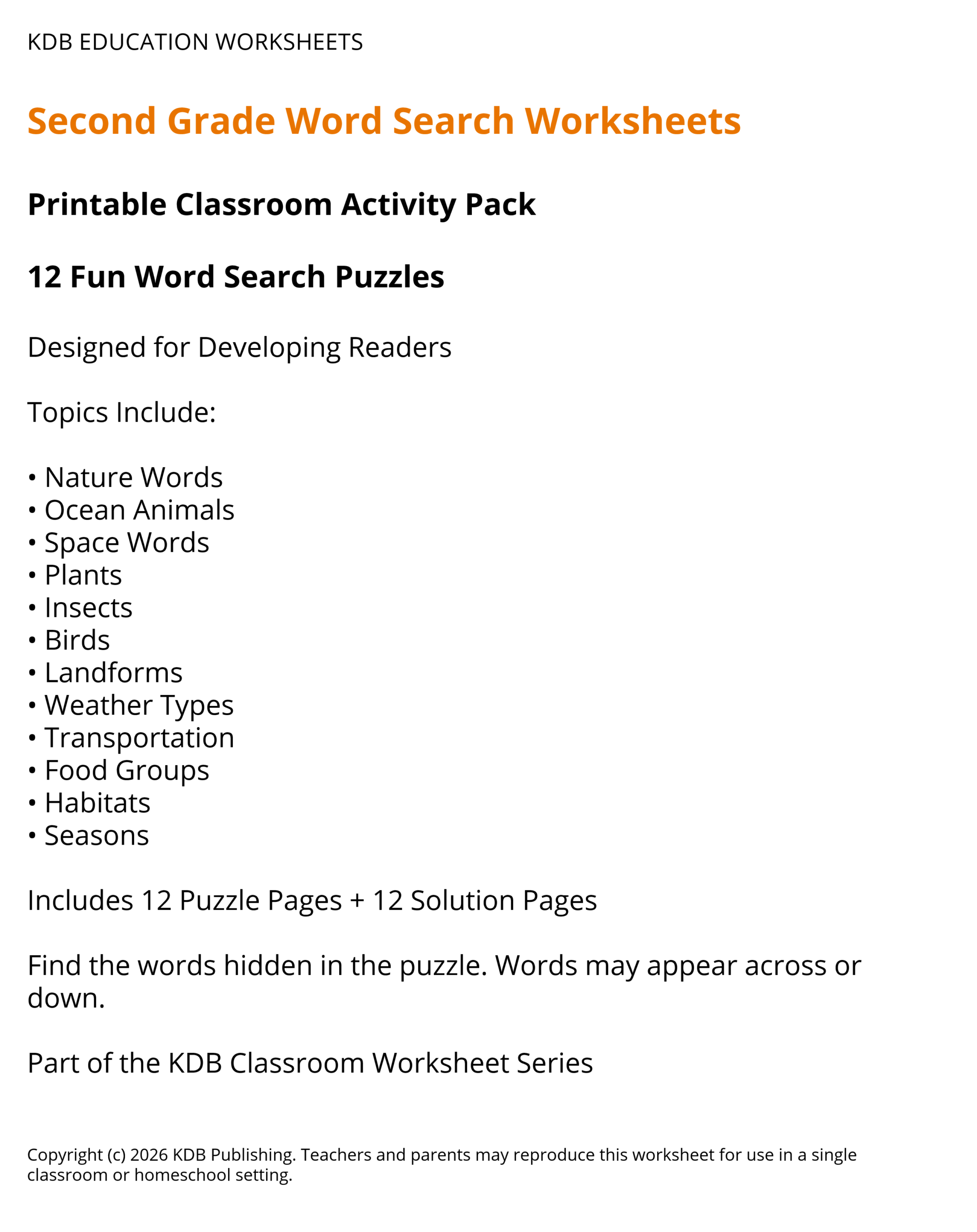 Second Grade Word Search Worksheets – 12 Printable Classroom Puzzles