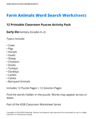 Farm Animals Word Search Worksheets – 12 Printable Classroom Puzzles (Grades K-2)