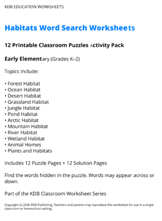 Habitats Word Search Worksheets – 12 Printable Classroom Puzzles (Grades K-2)