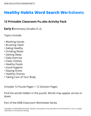 Healthy Habits Word Search Worksheets – 12 Printable Classroom Puzzles (Grades K-2)