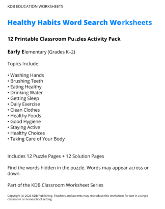 Healthy Habits Word Search Worksheets – 12 Printable Classroom Puzzles (Grades K-2)