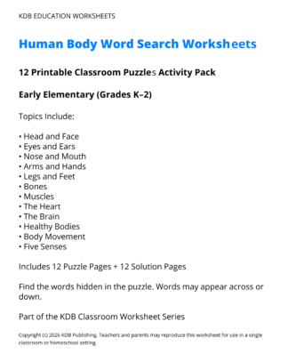Human Body Word Search Worksheets – 12 Printable Classroom Puzzles (Grades K-2)