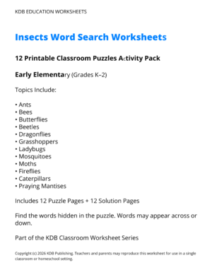 Insects Word Search Worksheets – 12 Printable Classroom Puzzles (Grades K-2)