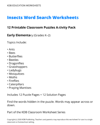 Insects Word Search Worksheets – 12 Printable Classroom Puzzles (Grades K-2)