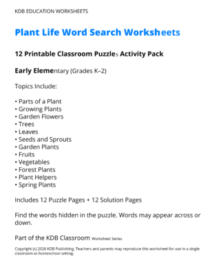 Plant Life Word Search Worksheets – 12 Printable Classroom Puzzles (Grades K-2)