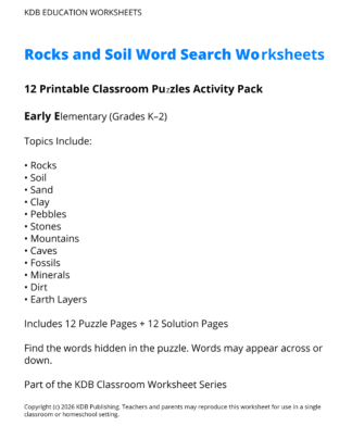 Rocks & Soil Word Search Worksheets – 12 Printable Classroom Puzzles (Grades K-2)