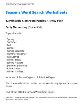 Seasons Word Search Worksheets – 12 Printable Classroom Puzzles (Grades K-2)