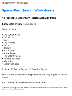 Space Word Search Worksheets – 12 Printable Classroom Puzzles (Grades K-2)