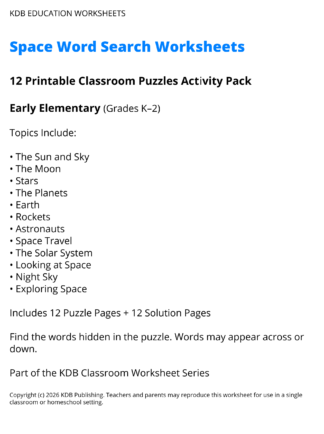 Space Word Search Worksheets – 12 Printable Classroom Puzzles (Grades K-2)