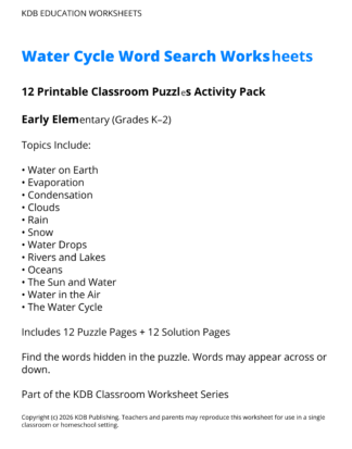 Water Cycle Word Search Worksheets – 12 Printable Classroom Puzzles (Grades K-2)