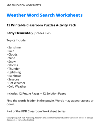 Weather Word Search Worksheets – 12 Printable Classroom Puzzles (Grades K-2)