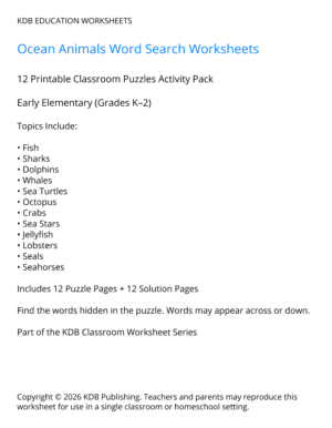 Ocean Animals Word Search Worksheets – 12 Printable Classroom Puzzles (Grades K-2)