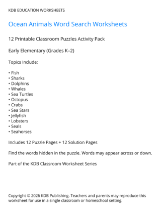 Ocean Animals Word Search Worksheets – 12 Printable Classroom Puzzles (Grades K-2)