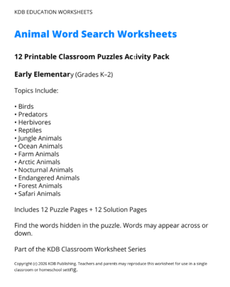 Animals Word Search Worksheets – 12 Printable Classroom Puzzles (Grades K-2)