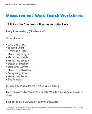 Measurement Word Search Worksheets K-2