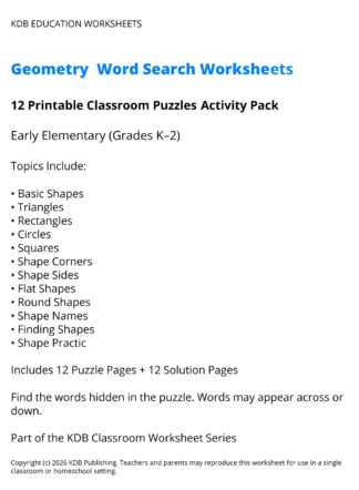 Geometry Word Search Worksheets K-2
