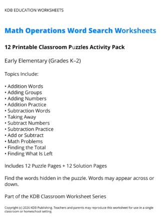 Math Operations Word Search Worksheets K-2