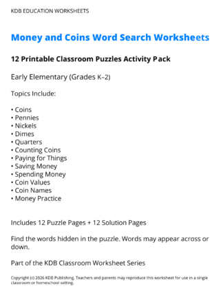 Money & Coins Word Search Worksheets K-2