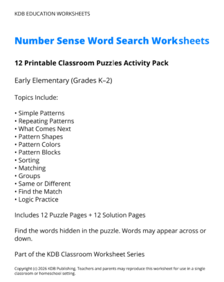 Number Sense Word Search Worksheets K-2