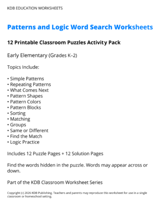 Patterns & Logic Word Search Worksheets K-2