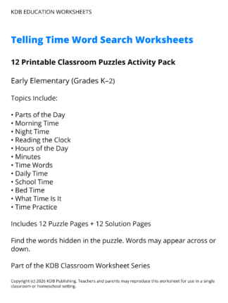 Telling Time Word Search Worksheets K-2