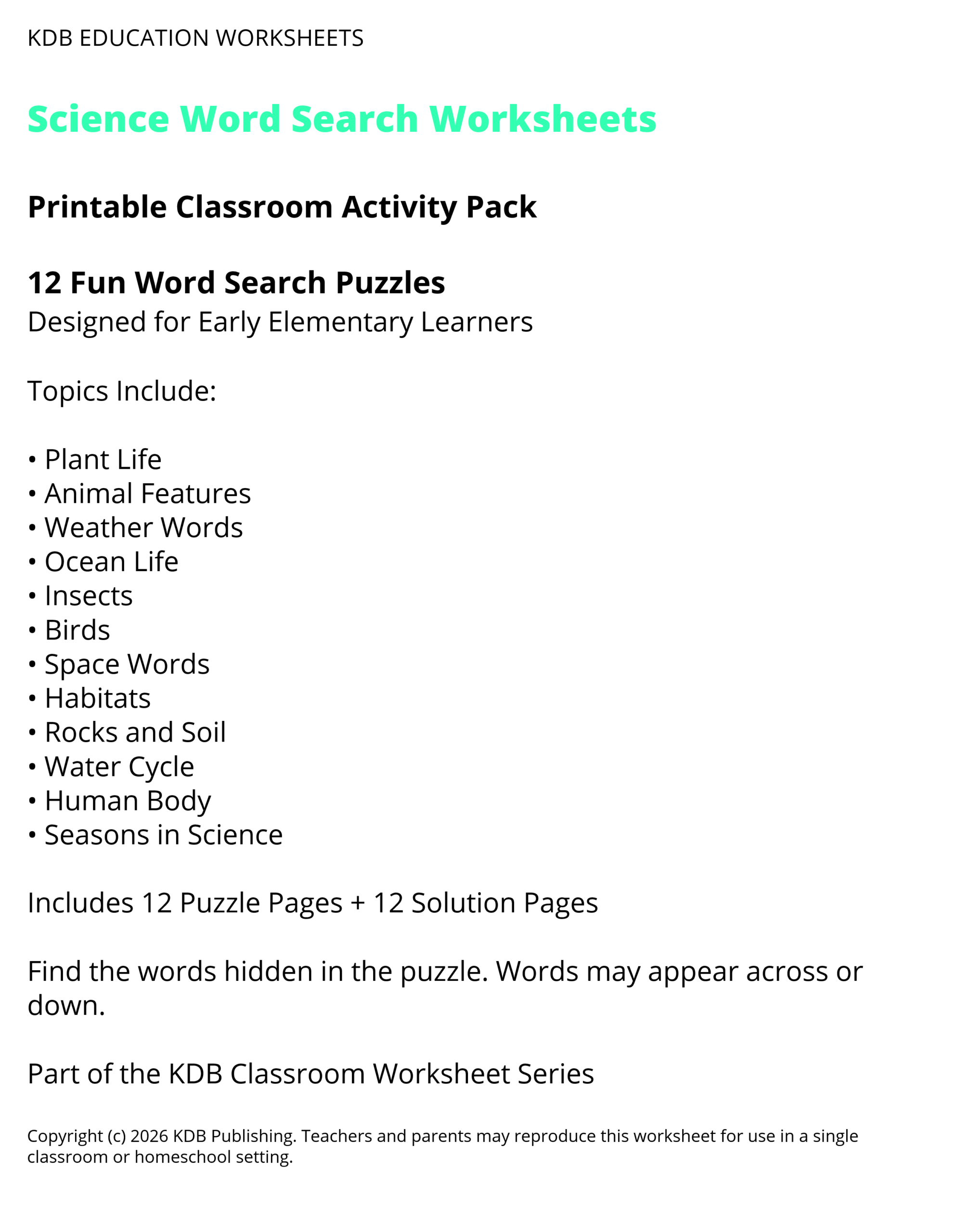 Science Word Search Worksheets – 12 Printable Classroom Puzzles