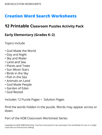 Creation Word Search Worksheets – Early Elementary (Grades K–2)