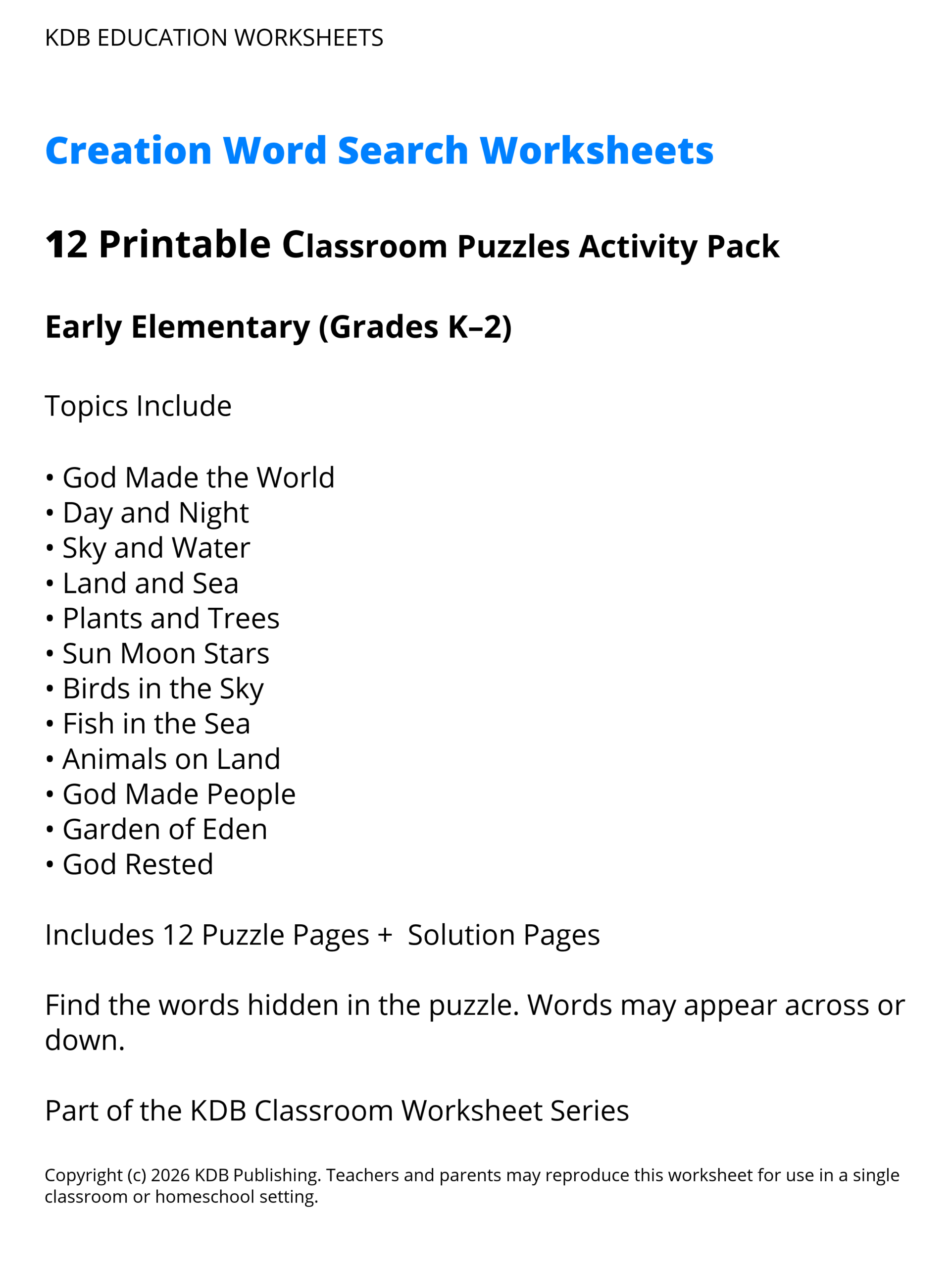 Creation Word Search Worksheets – Early Elementary (Grades K–2)
