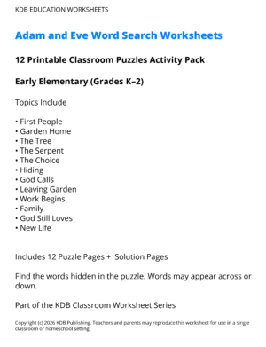 Adam and Eve Word Search Worksheets – Early Elementary (Grades K–2)
