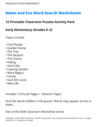 Adam and Eve Word Search Worksheets – Early Elementary (Grades K–2)