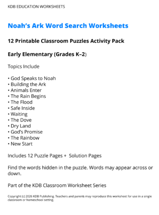 Noah’s Ark Word Search Worksheets – Early Elementary (Grades K–2)