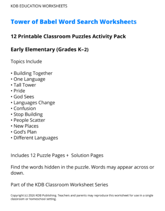 Tower of Babel Word Search Worksheets – Early Elementary (Grades K–2)