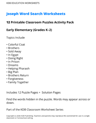 Joseph Word Search Worksheets – Early Elementary (Grades K–2)
