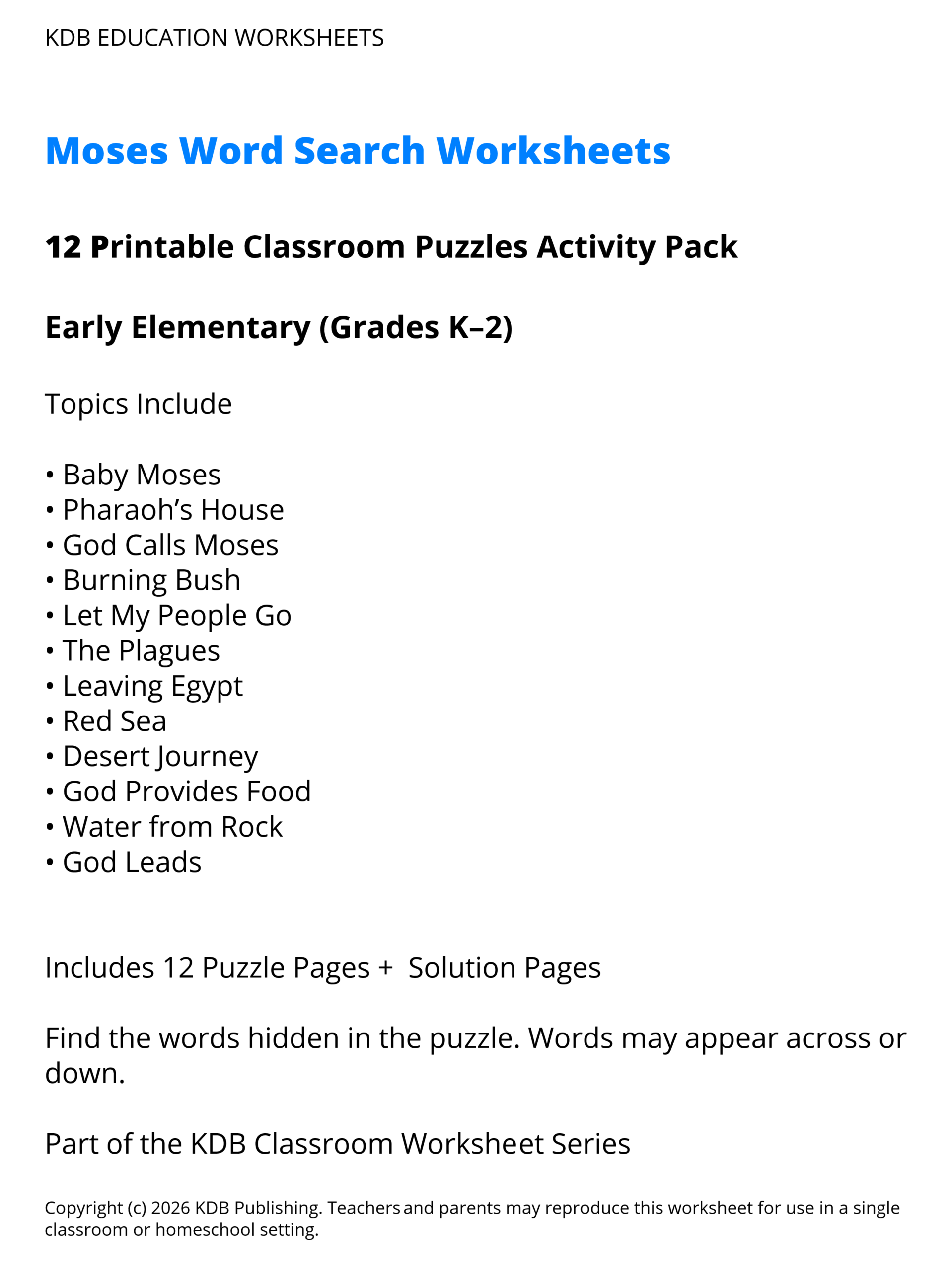 Moses Word Search Worksheets – Early Elementary (Grades K–2)