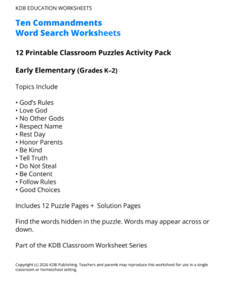 Ten Commandments Word Search Worksheets – Early Elementary (Grades K–2)