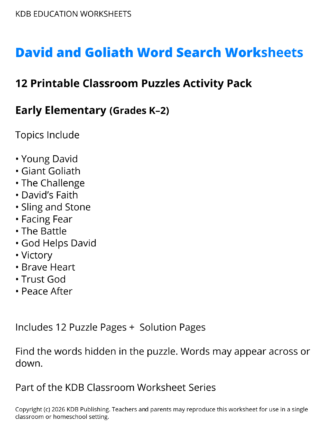 David and Goliath Word Search Worksheets – Early Elementary (Grades K–2)