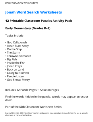 Jonah Word Search Worksheets – Early Elementary (Grades K–2)