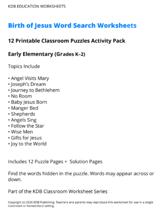 Birth of Jesus Word Search Worksheets – Early Elementary (Grades K–2)