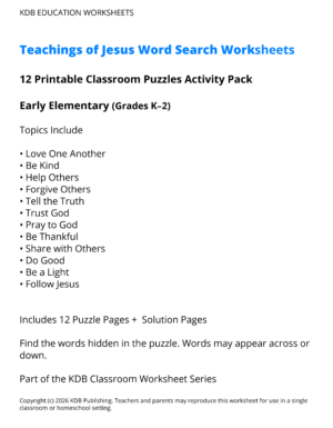 Teachings of Jesus Word Search Worksheets – Early Elementary (Grades K–2)