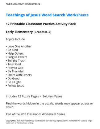 Teachings of Jesus Word Search Worksheets – Early Elementary (Grades K–2)