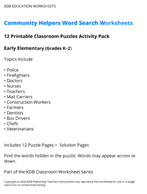 Community Helpers Word Search Worksheets - Early Elementary (Grades K-2)