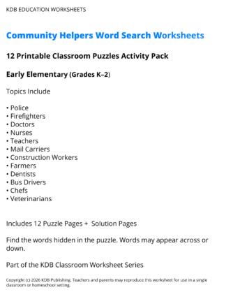 Community Helpers Word Search Worksheets - Early Elementary (Grades K-2)