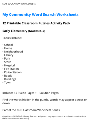 My Community Word Search Worksheets - Early Elementary (Grades K-2)