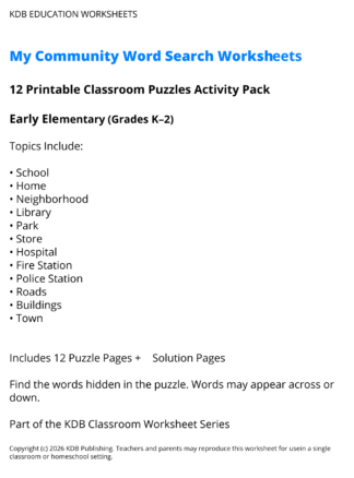 My Community Word Search Worksheets - Early Elementary (Grades K-2)