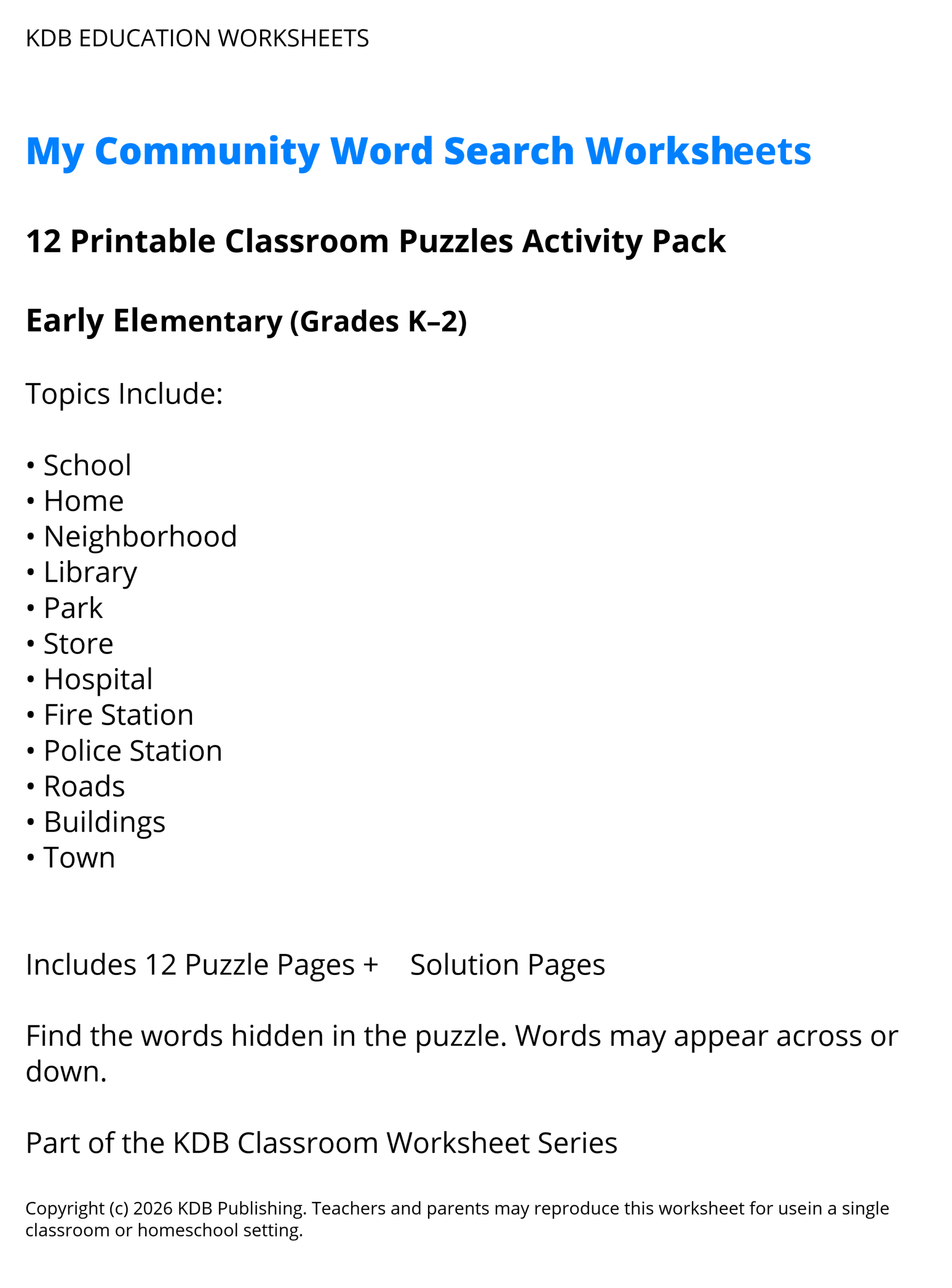 My Community Word Search Worksheets - Early Elementary (Grades K-2)