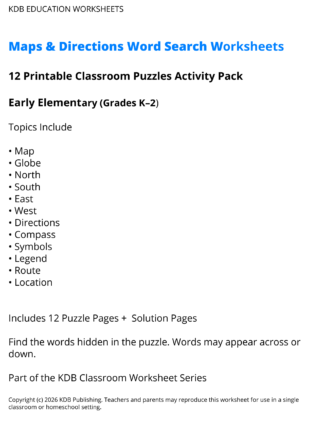 Maps and Directions Word Search Worksheets - Early Elementary (Grades K-2)