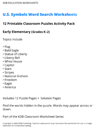 US Symbols Word Search Worksheets - Early Elementary (Grades K-2)